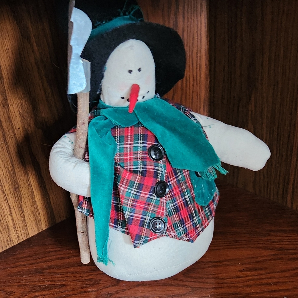 Plaid Snowman Decor with Green Scarf